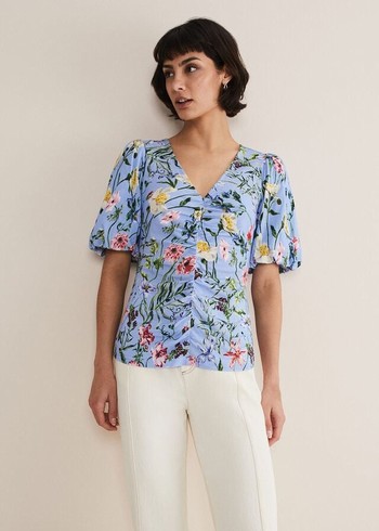 Phase Eight Donda Floral Ruched Shirts Blue/Multicolor Australia | JS2065179